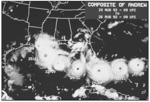 Hurricane Andrew's path of destruction, August 1992. (Courtesy of National Oceanic and Atmospheric Administration (NOAA)/National Environmental Satellite, Data, and Information Service (NESDIS).)