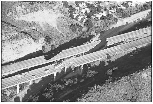 Many California freeways were subject to partial collapse during the Northridge quake in 1994, such as this section of the Golden Gate Freeway. (Photo by Robert A. Eplett. Courtesy of Governor 's Office of Emergency Services.)